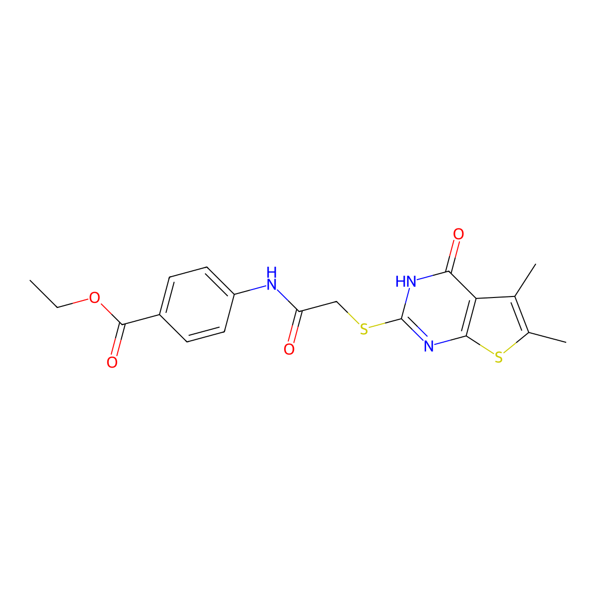 ethyl 4-[[2-[(5,6-dimethyl-4-oxo-3H-thieno[2,3-d]pyrimidin-2-yl)sulfanyl]acetyl]amino]benzoate molecular structure, CAS 494826-16-3