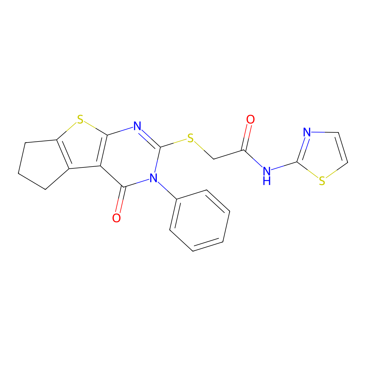 2-((4-oxo-3-phenyl-4,5,6,7-tetrahydro-3H-cyclopenta[4,5]thieno[2,3-d]pyrimidin-2-yl)thio)-N-(thiazol-2-yl)acetamide molecular structure, CAS 494826-17-4