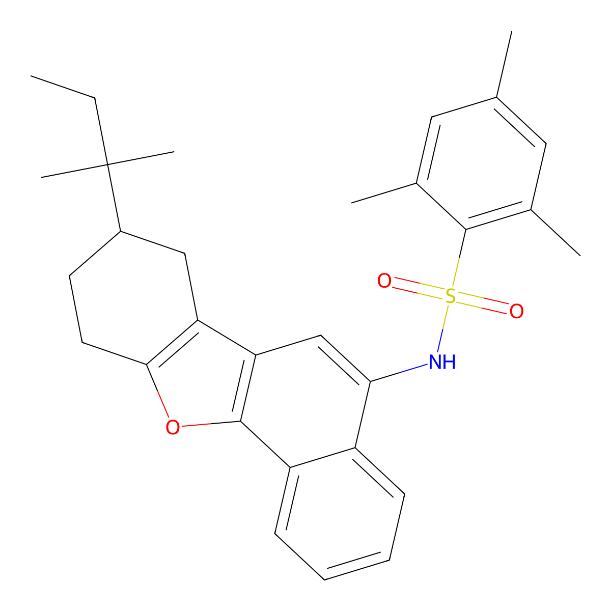 2,4,6-trimethyl-N-(8-tert-pentyl-7,8,9,10-tetrahydronaphtho[1,2-b][1]benzofuran-5-yl)benzenesulfonamide molecular structure, CAS 494826-43-6