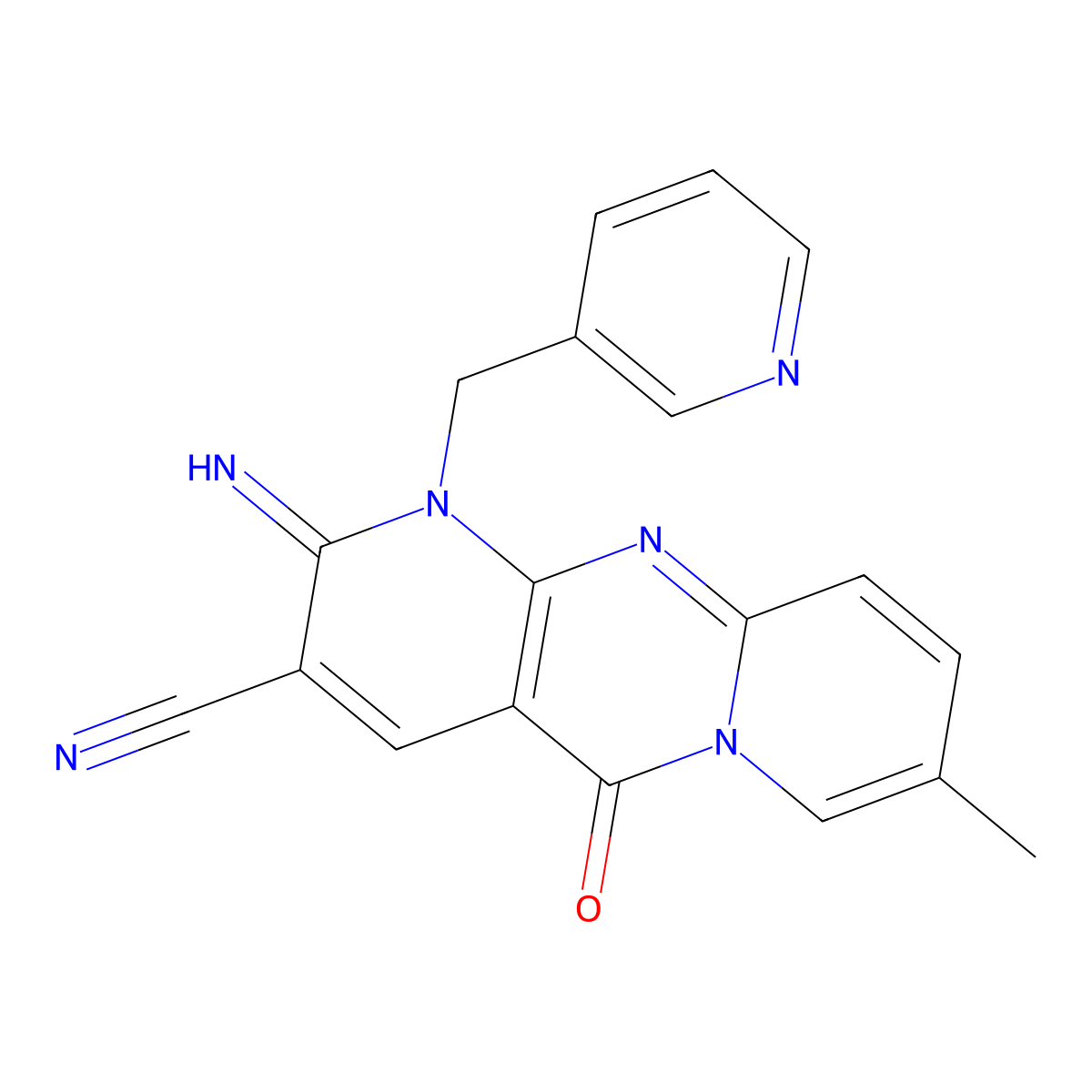 2-Imino-8-methyl-5-oxo-1-(3-pyridylmethyl)-1,5-dihydro-2H-dipyrido[1,2-A:2,3-D]pyrimidin-3-YL cyanide molecular structure, CAS 494828-28-3
