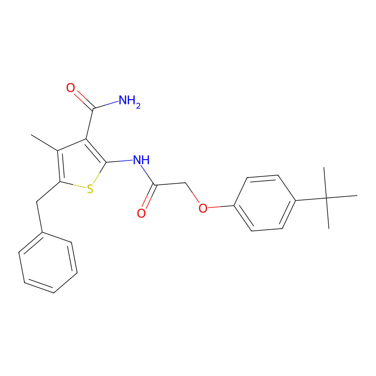 5-Benzyl-2-{[(4-tert-butylphenoxy)acetyl]amino}-4-methylthiophene-3-carboxamide molecular structure, CAS 494830-48-7