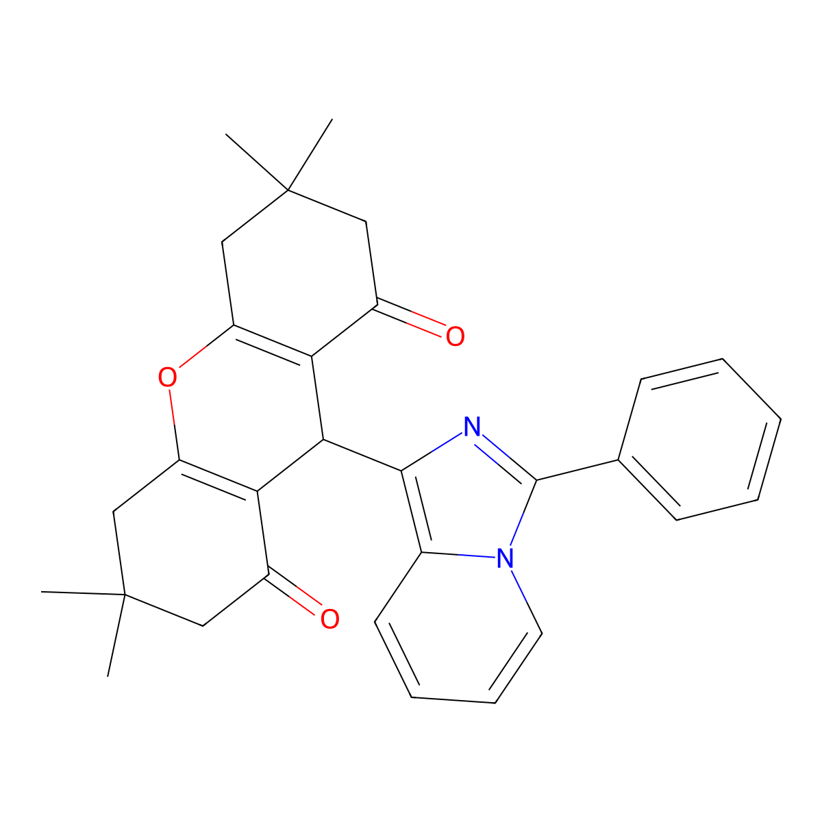 3,3,6,6-tetramethyl-9-(3-phenylimidazo[1,5-a]pyridin-1-yl)-3,4,5,6,7,9-hexahydro-1H-xanthene-1,8(2H)-dione molecular structure, CAS 494830-91-0