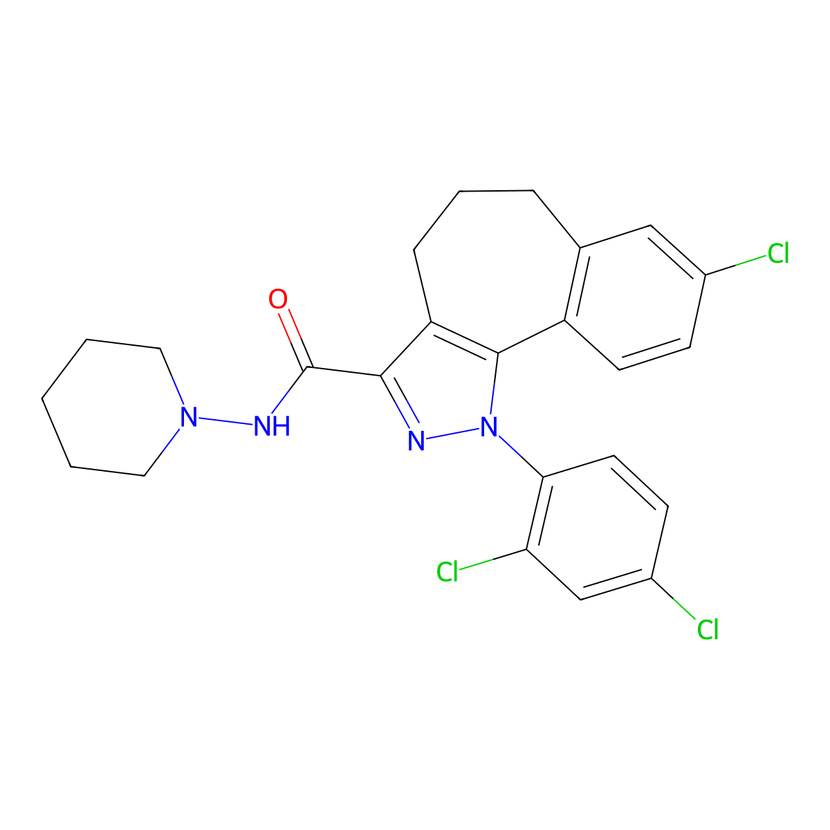 Benzo(6,7)cyclohepta(1,2-C)pyrazole-3-carboxamide, 8-chloro-1-(2,4-dichlorophenyl)-1,4,5,6-tetrahydro-N-1-piperidinyl- molecular structure, CAS 494844-07-4