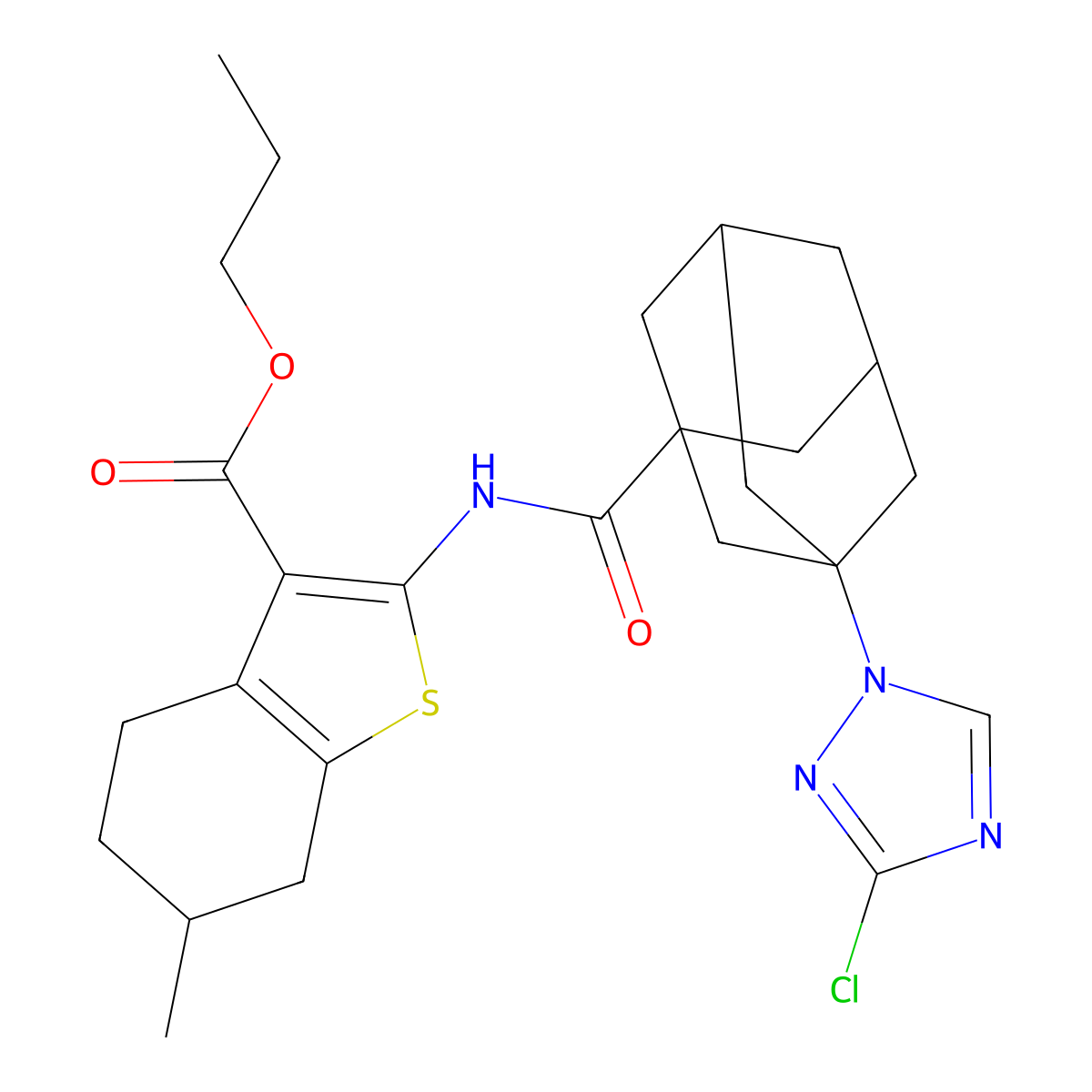 propyl 2-({[3-(3-chloro-1H-1,2,4-triazol-1-yl)-1-adamantyl]carbonyl}amino)-6-methyl-4,5,6,7-tetrahydro-1-benzothiophene-3-carboxylate molecular structure, CAS 494860-35-4