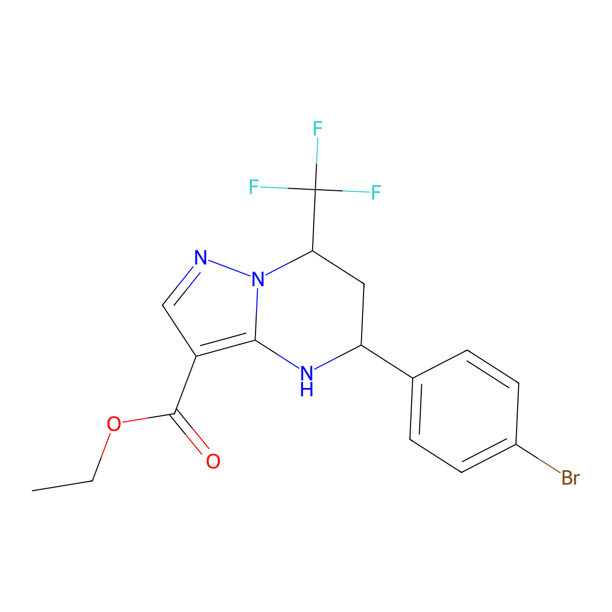 Ethyl 5-(4-bromophenyl)-7-(trifluoromethyl)-4,5,6,7-tetrahydropyrazolo[1,5-a]pyrimidine-3-carboxylate molecular structure, CAS 494861-39-1