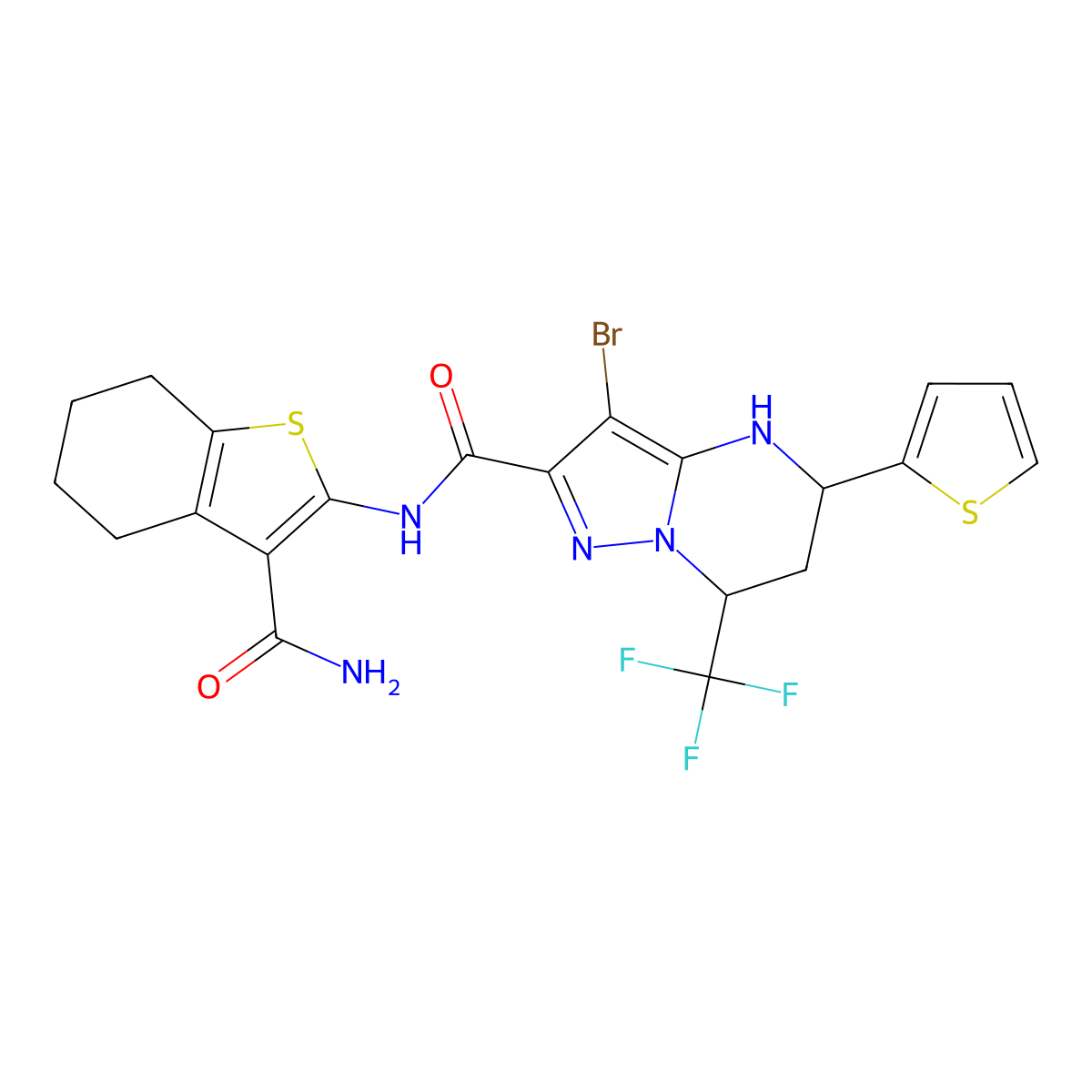 N-[3-(aminocarbonyl)-4,5,6,7-tetrahydro-1-benzothien-2-yl]-3-bromo-5-(2-thienyl)-7-(trifluoromethyl)-4,5,6,7-tetrahydropyrazolo[1,5-a]pyrimidine-2-carboxamide molecular structure, CAS 494861-42-6