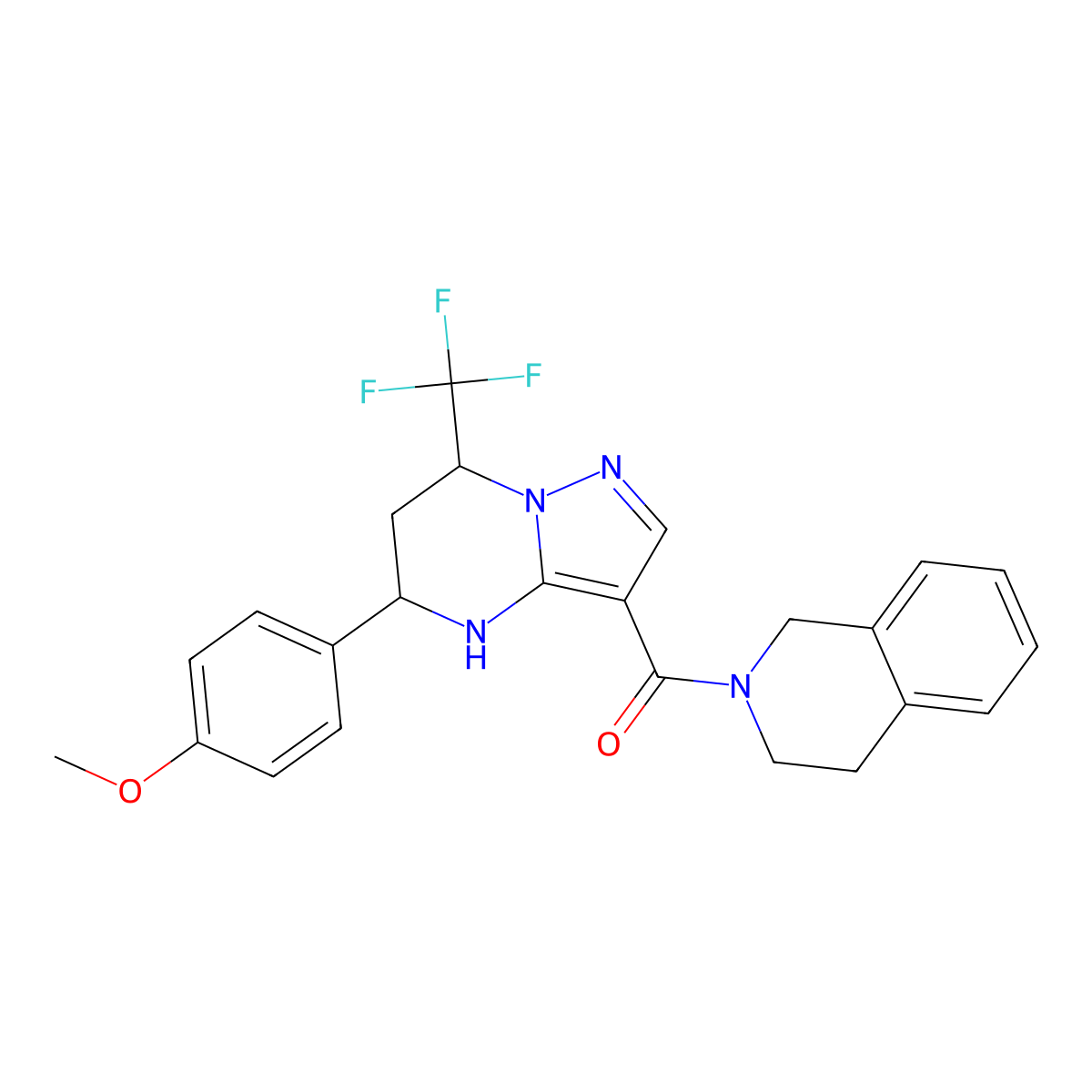 3,4-dihydroisoquinolin-2(1H)-yl[5-(4-methoxyphenyl)-7-(trifluoromethyl)-4,5,6,7-tetrahydropyrazolo[1,5-a]pyrimidin-3-yl]methanone molecular structure, CAS 494861-52-8