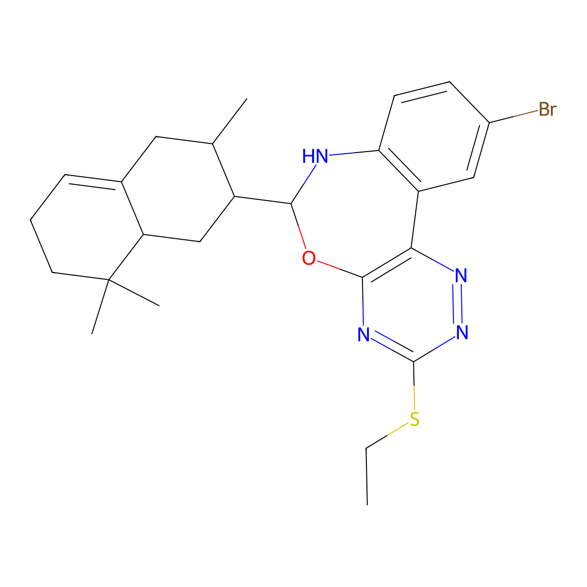 10-Bromo-6-(3,8,8-trimethyl-1,2,3,4,6,7,8,8a-octahydro-2-naphthalenyl)-6,7-dihydro[1,2,4]triazino[5,6-d][3,1]benzoxazepin-3-yl ethyl sulfide molecular structure, CAS 494867-71-9