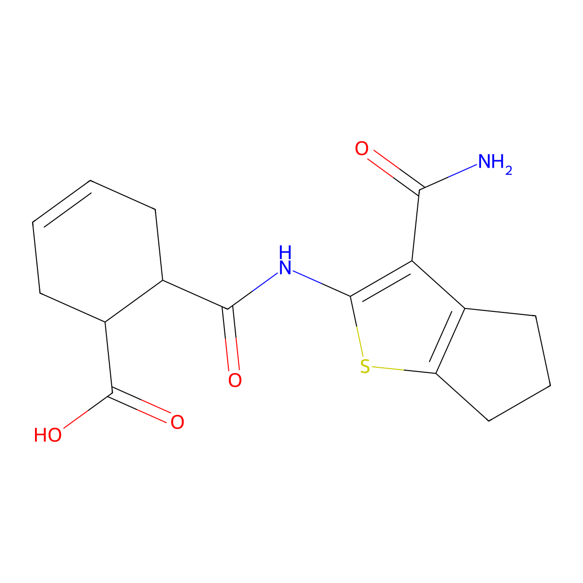 6-[(3-carbamoyl-5,6-dihydro-4H-cyclopenta[b]thiophen-2-yl)carbamoyl]cyclohex-3-ene-1-carboxylic acid molecular structure, CAS 495375-74-1