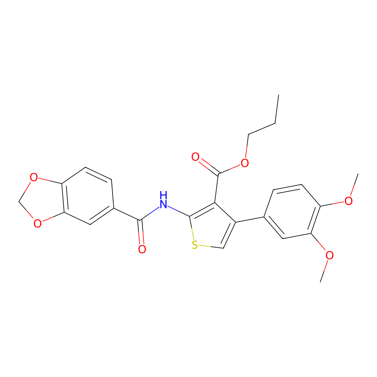 Propyl 2-[(1,3-benzodioxol-5-ylcarbonyl)amino]-4-(3,4-dimethoxyphenyl)thiophene-3-carboxylate molecular structure, CAS 495375-84-3