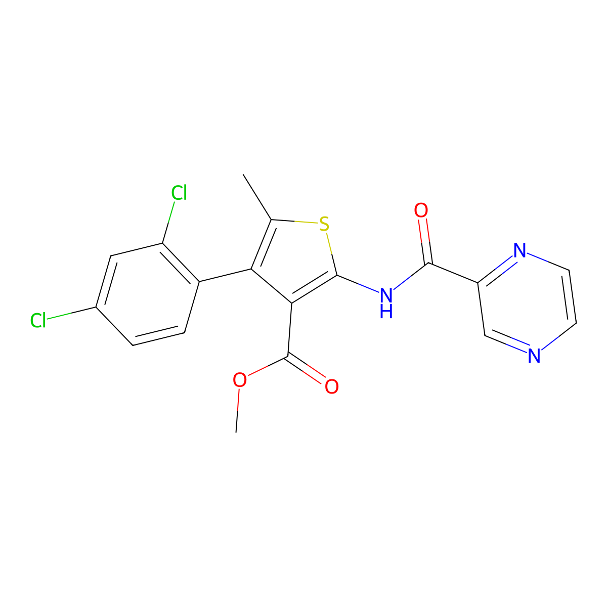 Methyl 4-(2,4-dichlorophenyl)-5-methyl-2-(pyrazine-2-carbonylamino)thiophene-3-carboxylate molecular structure, CAS 495377-89-4