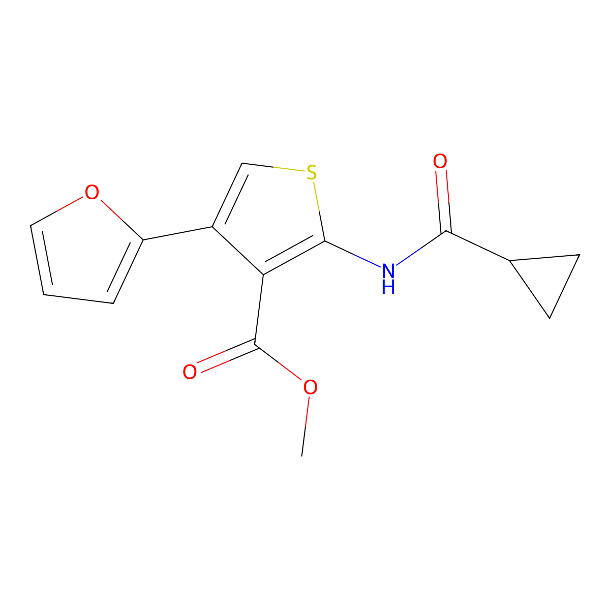 Methyl 2-(cyclopropanecarbonylamino)-4-(furan-2-yl)thiophene-3-carboxylate molecular structure, CAS 495378-07-9