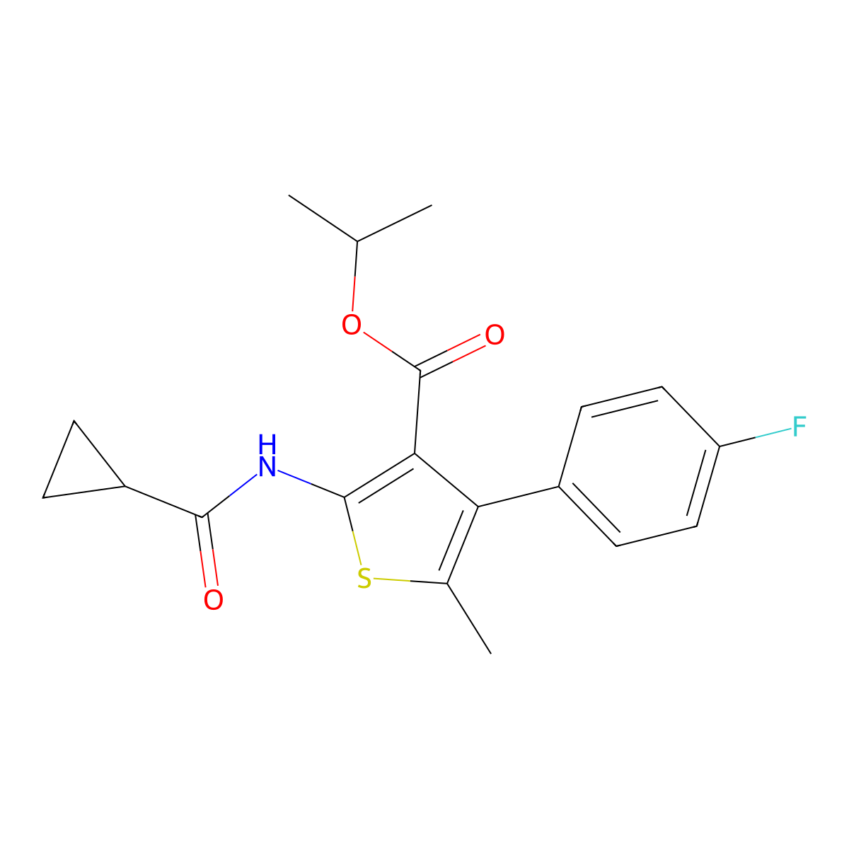 Isopropyl 2-[(cyclopropylcarbonyl)amino]-4-(4-fluorophenyl)-5-methyl-3-thiophenecarboxylate molecular structure, CAS 495381-96-9