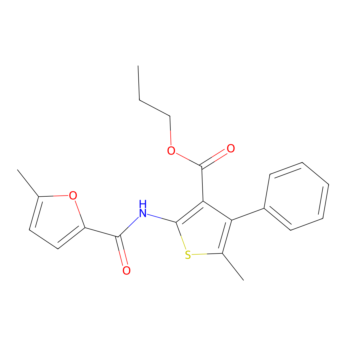 Propyl 5-methyl-2-[(5-methylfuran-2-carbonyl)amino]-4-phenylthiophene-3-carboxylate molecular structure, CAS 495382-60-0
