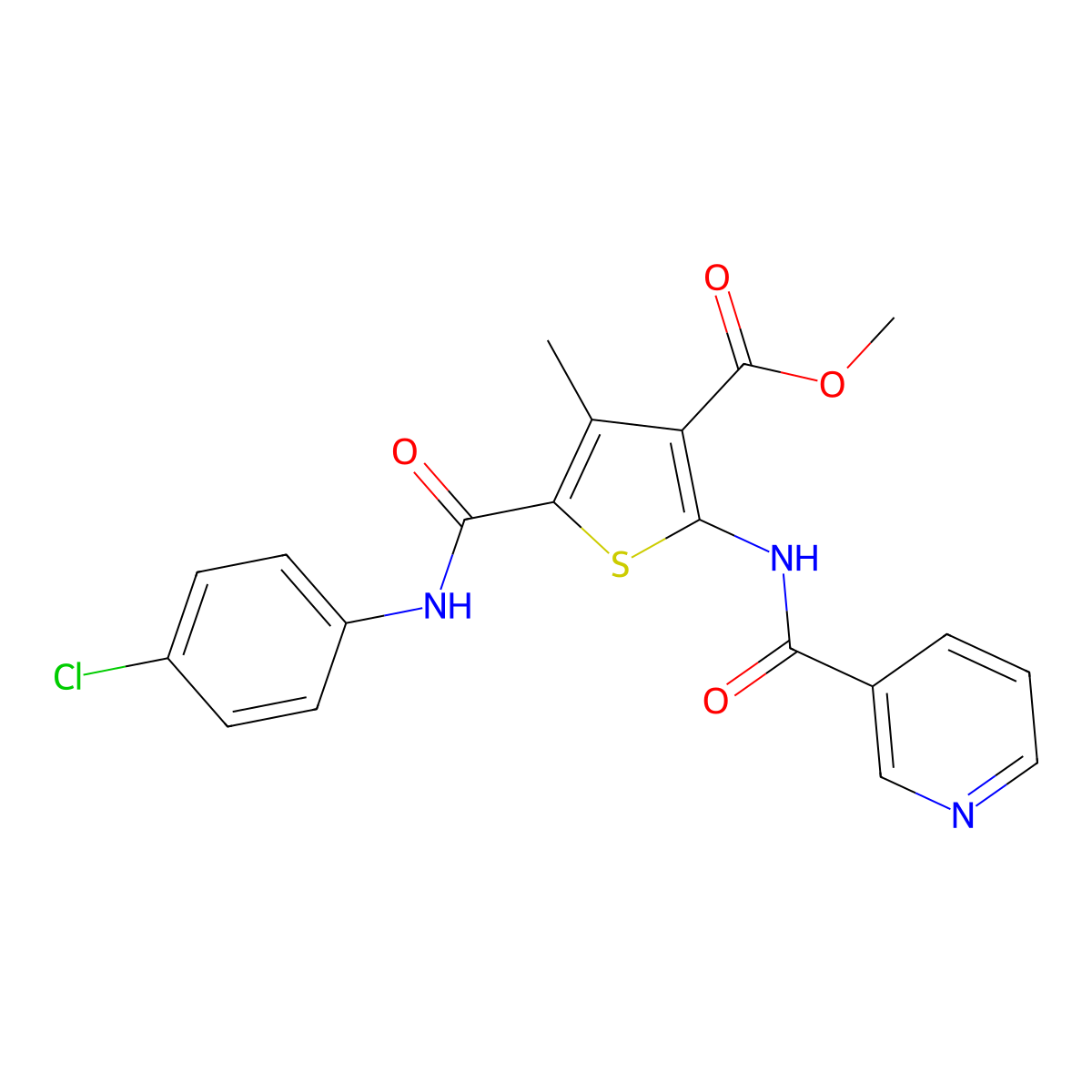 Methyl 5-[(4-chlorophenyl)carbamoyl]-4-methyl-2-(pyridine-3-carbonylamino)thiophene-3-carboxylate molecular structure, CAS 495382-88-2