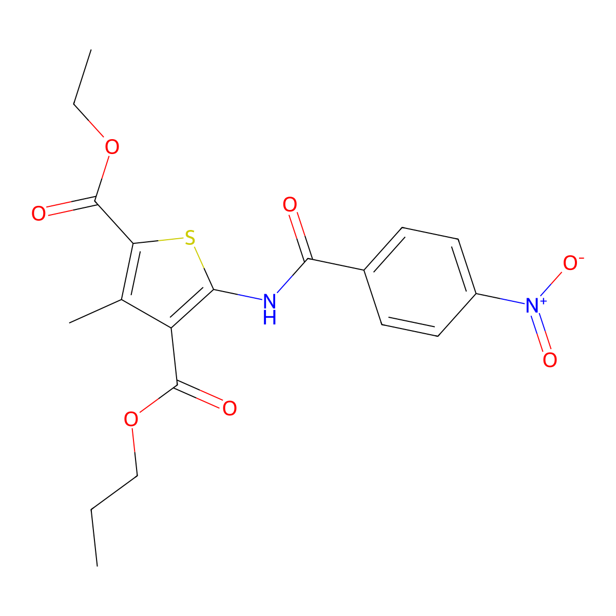 2-Ethyl 4-propyl 5-({4-nitrobenzoyl}amino)-3-methyl-2,4-thiophenedicarboxylate molecular structure, CAS 495382-90-6