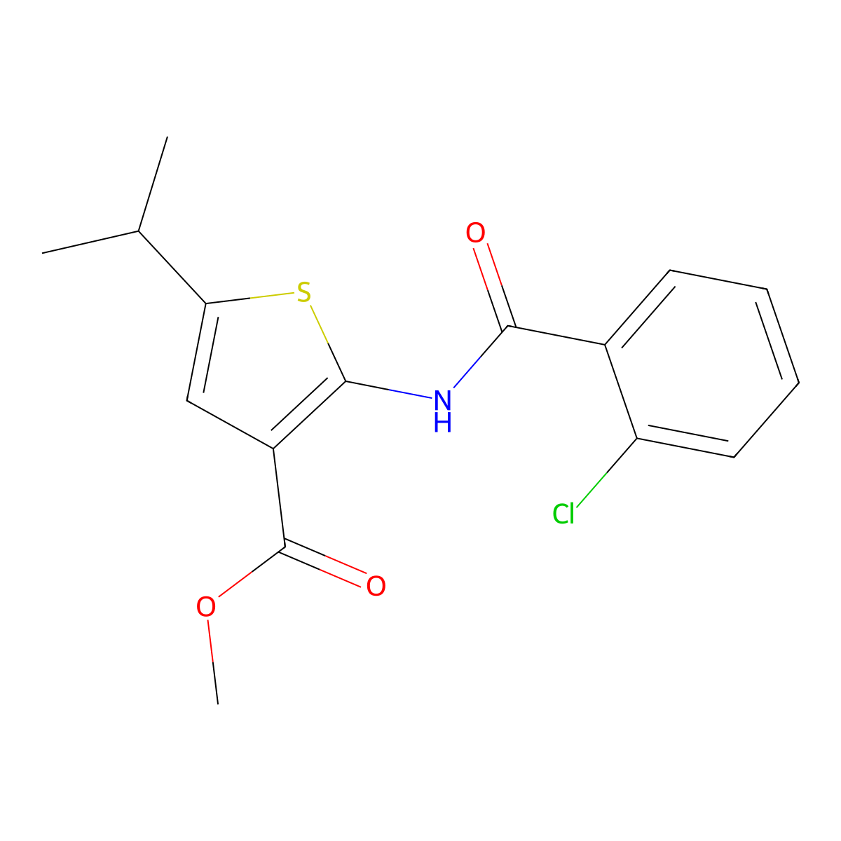 Methyl 2-[(2-chlorobenzoyl)amino]-5-isopropylthiophene-3-carboxylate molecular structure, CAS 495383-32-9