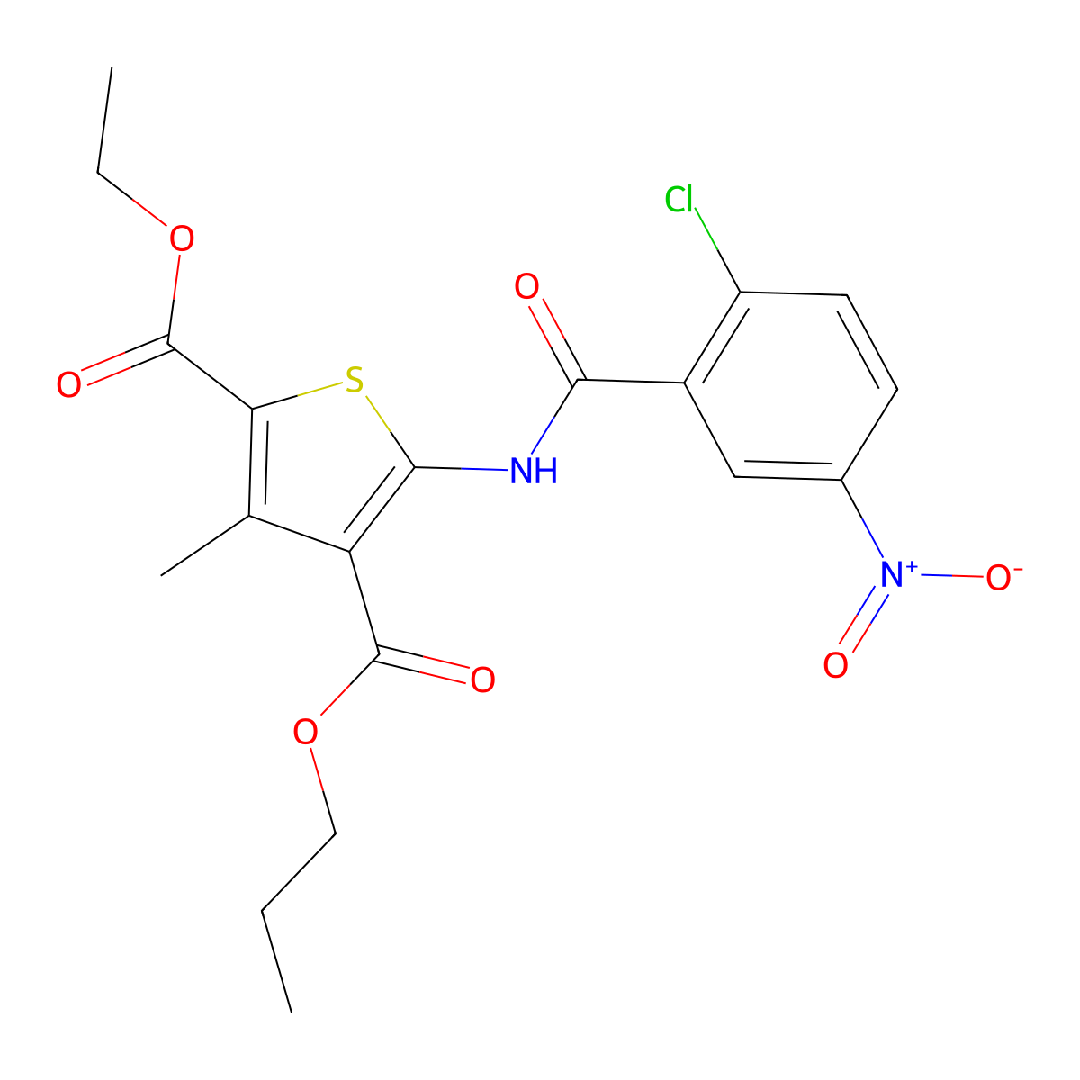 2-Ethyl 4-propyl 5-({2-chloro-5-nitrobenzoyl}amino)-3-methyl-2,4-thiophenedicarboxylate molecular structure, CAS 495383-48-7