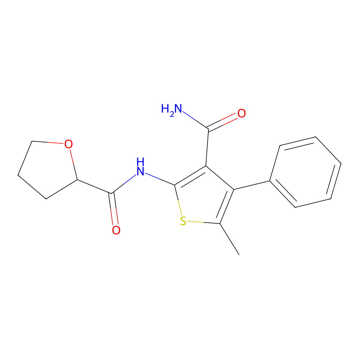 N-(3-carbamoyl-5-methyl-4-phenylthiophen-2-yl)oxolane-2-carboxamide molecular structure, CAS 495386-32-8