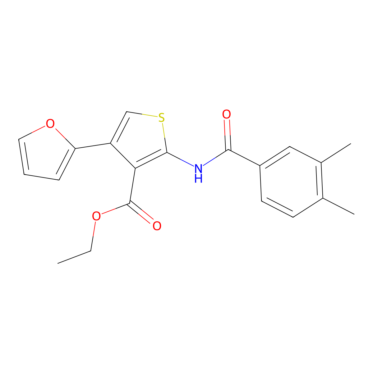 Ethyl 2-[(3,4-dimethylbenzoyl)amino]-4-(2-furyl)-3-thiophenecarboxylate molecular structure, CAS 495386-70-4