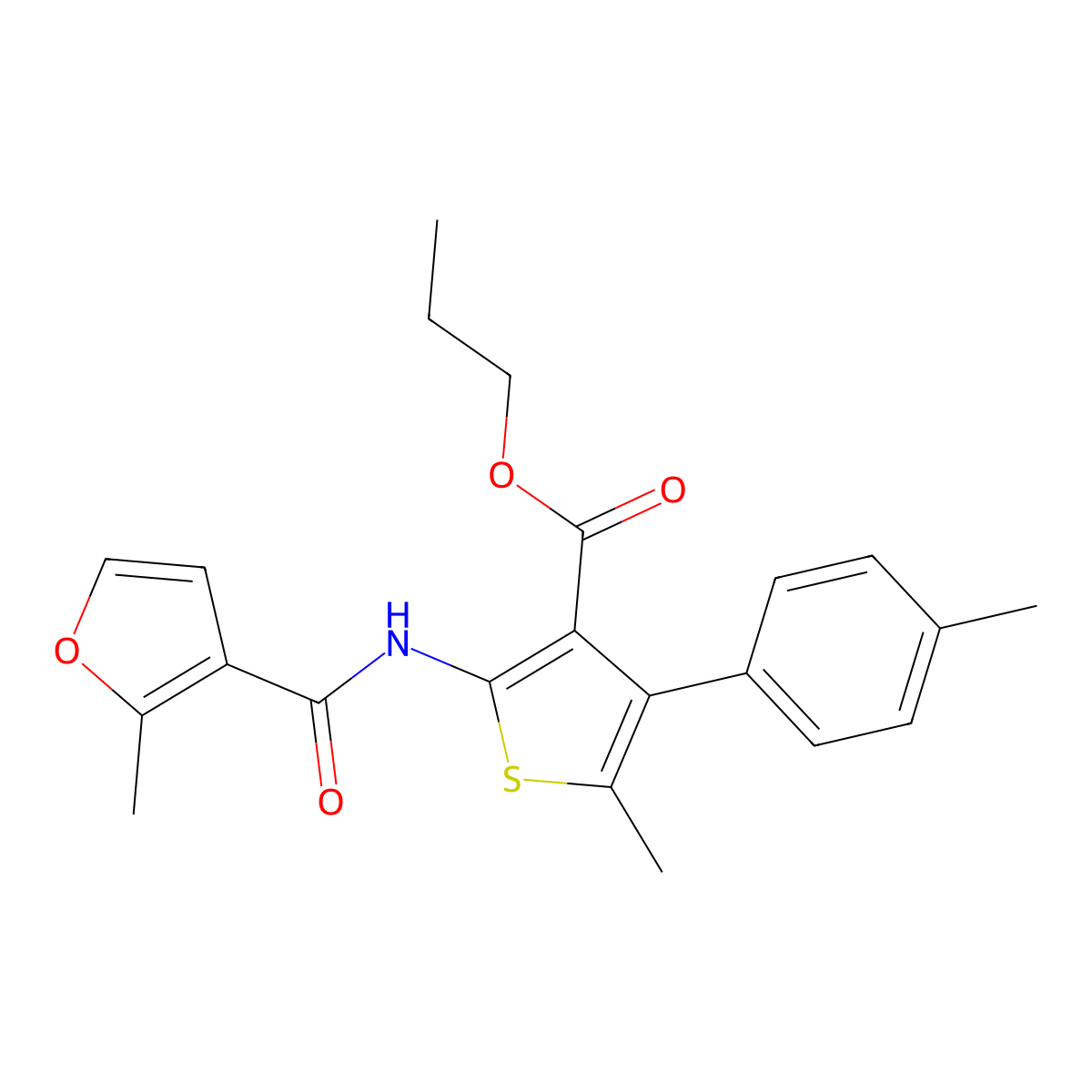 Propyl 5-methyl-2-[(2-methyl-3-furoyl)amino]-4-(4-methylphenyl)-3-thiophenecarboxylate molecular structure, CAS 495395-25-0