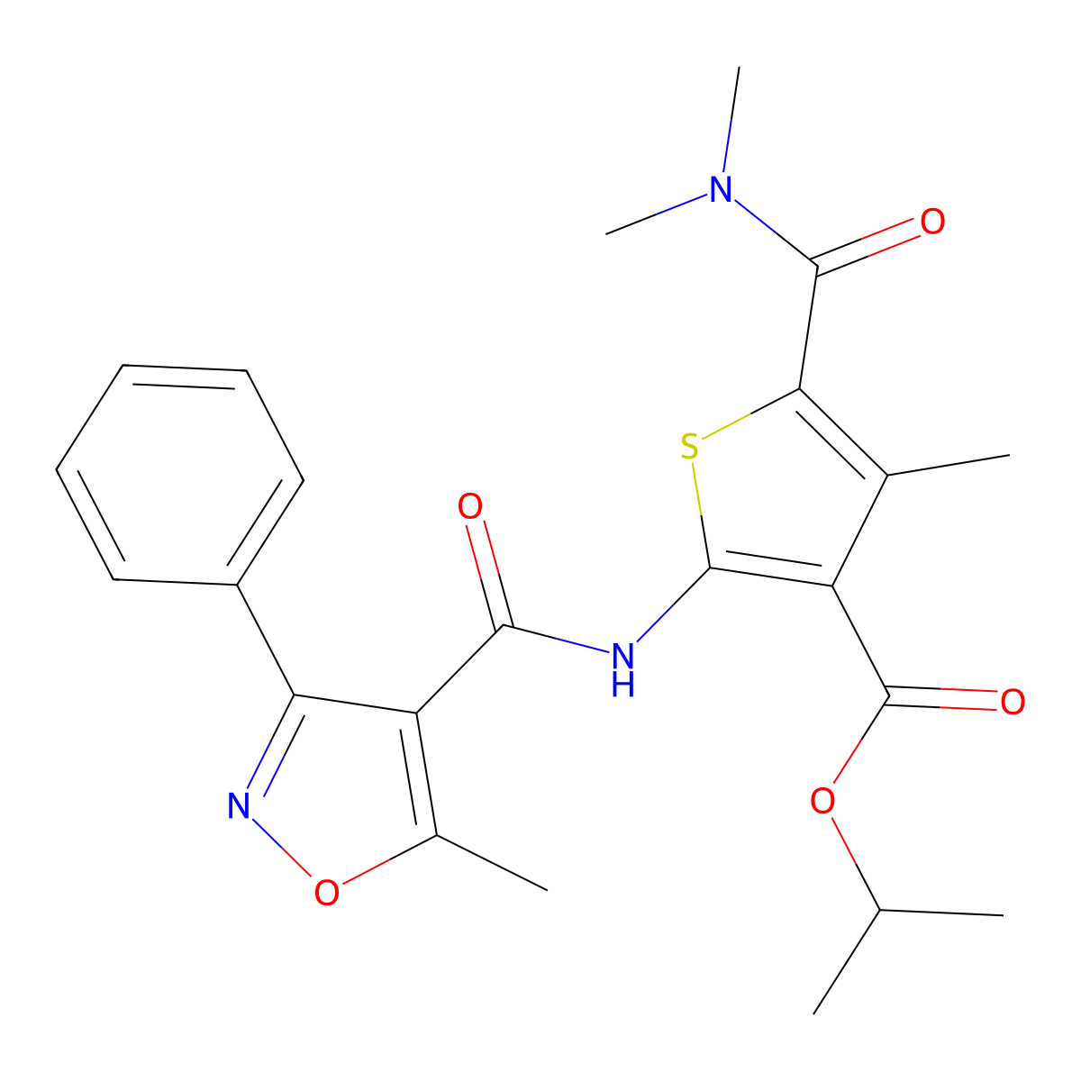 Isopropyl 5-[(dimethylamino)carbonyl]-4-methyl-2-{[(5-methyl-3-phenyl-4-isoxazolyl)carbonyl]amino}-3-thiophenecarboxylate molecular structure, CAS 495395-99-8