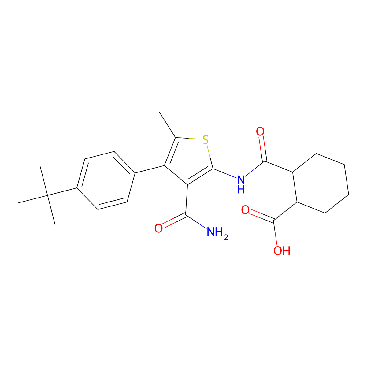 2-({[3-(Aminocarbonyl)-4-(4-tert-butylphenyl)-5-methyl-2-thienyl]amino}carbonyl)cyclohexanecarboxylic acid molecular structure, CAS 495396-00-4