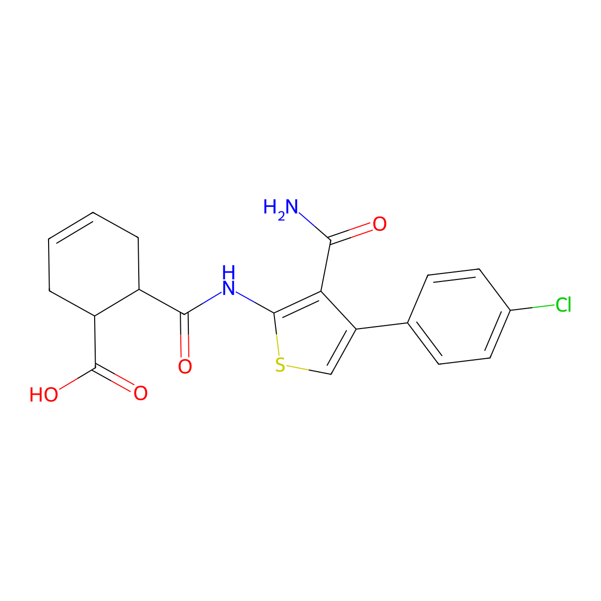 6-[[3-Carbamoyl-4-(4-chlorophenyl)thiophen-2-yl]carbamoyl]cyclohex-3-ene-1-carboxylic acid molecular structure, CAS 495396-14-0