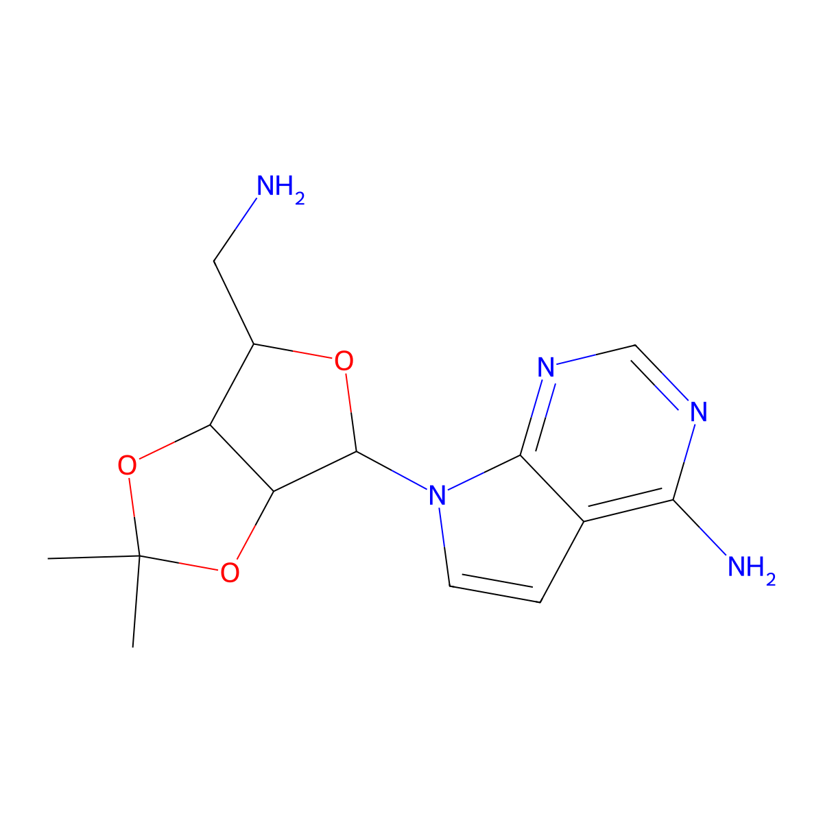 7-((3aR,4R,6R,6aR)-6-(Aminomethyl)-2,2-dimethyltetrahydrofuro[3,4-d][1,3]dioxol-4-yl)-7H-pyrrolo[2,3-d]pyrimidin-4-amine molecular structure, CAS 49554-54-3