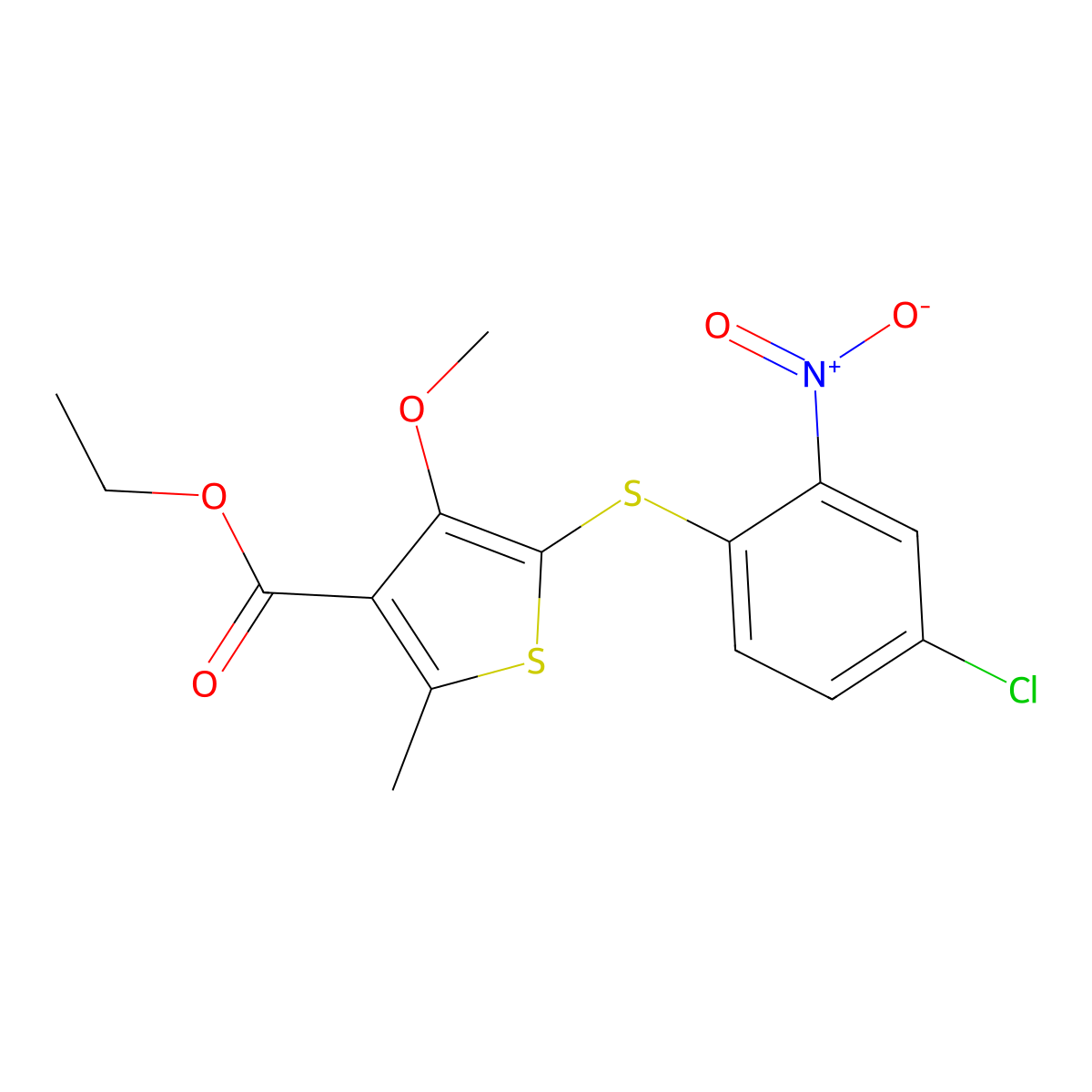 Ethyl 5-(4-chloro-2-nitrophenyl)sulfanyl-4-methoxy-2-methylthiophene-3-carboxylate molecular structure, CAS 49568-27-6