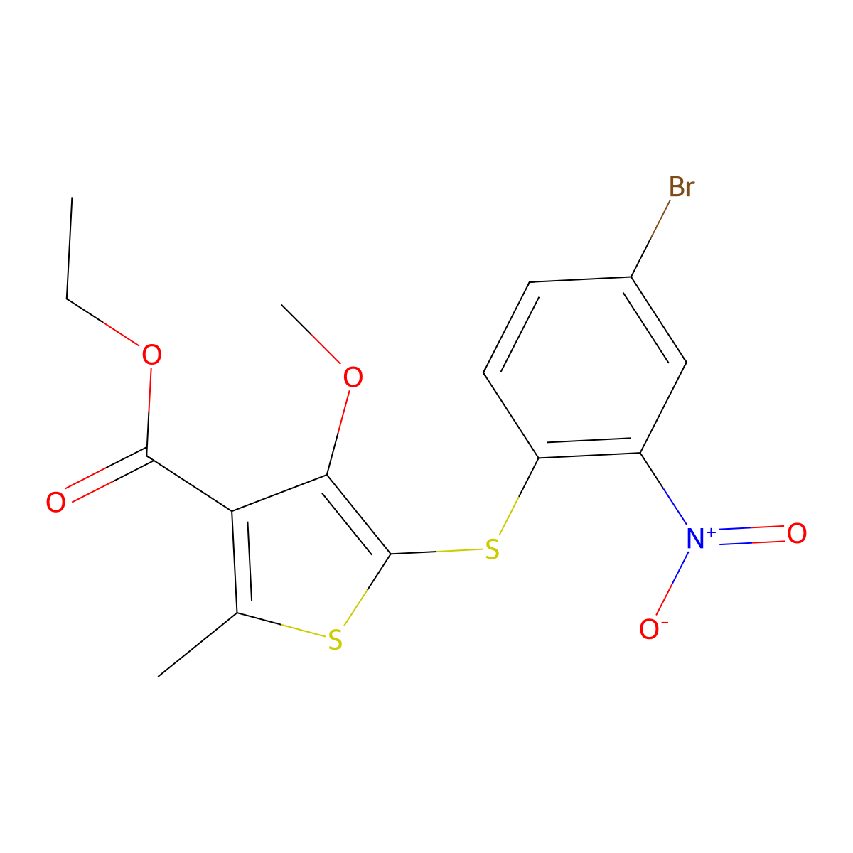 Ethyl 5-(4-bromo-2-nitrophenyl)sulfanyl-4-methoxy-2-methylthiophene-3-carboxylate molecular structure, CAS 49568-28-7
