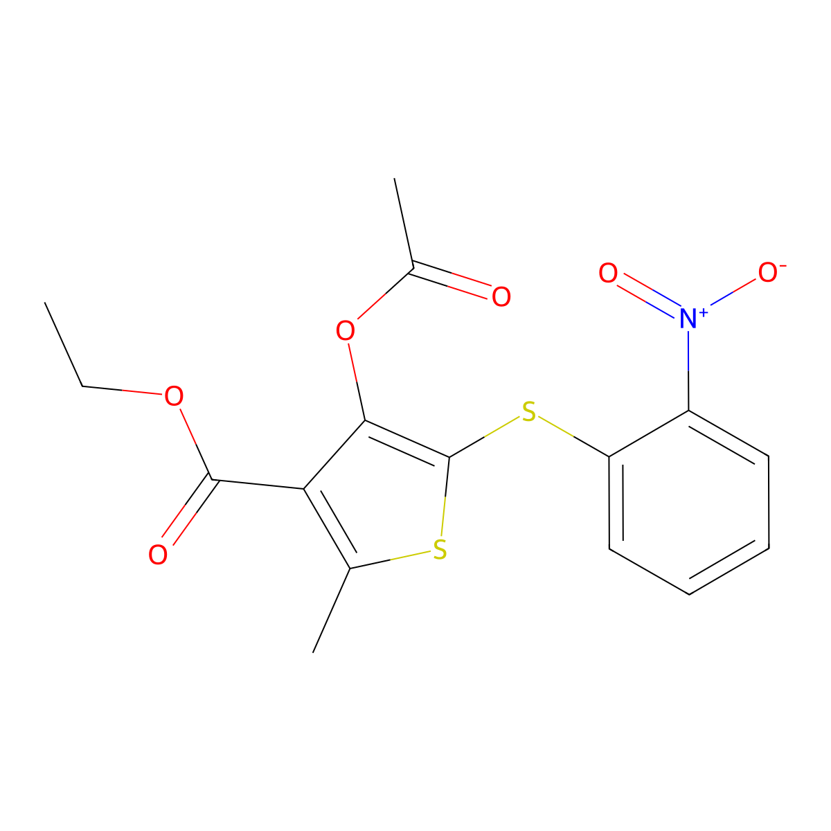 Ethyl 4-acetyloxy-2-methyl-5-(2-nitrophenyl)sulfanylthiophene-3-carboxylate molecular structure, CAS 49568-29-8