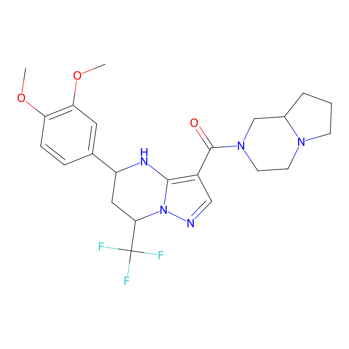5-(3,4-dimethoxyphenyl)-3-(hexahydropyrrolo[1,2-a]pyrazin-2(1H)-ylcarbonyl)-7-(trifluoromethyl)-4,5,6,7-tetrahydropyrazolo[1,5-a]pyrimidine molecular structure, CAS 496010-91-4