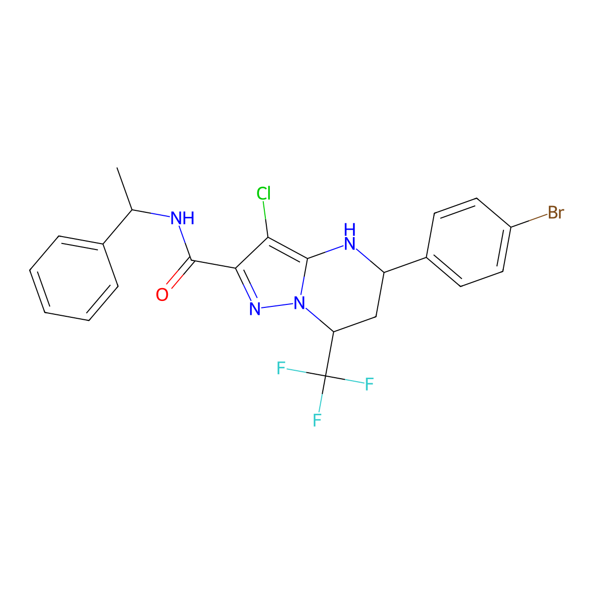 5-(4-bromophenyl)-3-chloro-N-(1-phenylethyl)-7-(trifluoromethyl)-4,5,6,7-tetrahydropyrazolo[1,5-a]pyrimidine-2-carboxamide molecular structure, CAS 496010-98-1