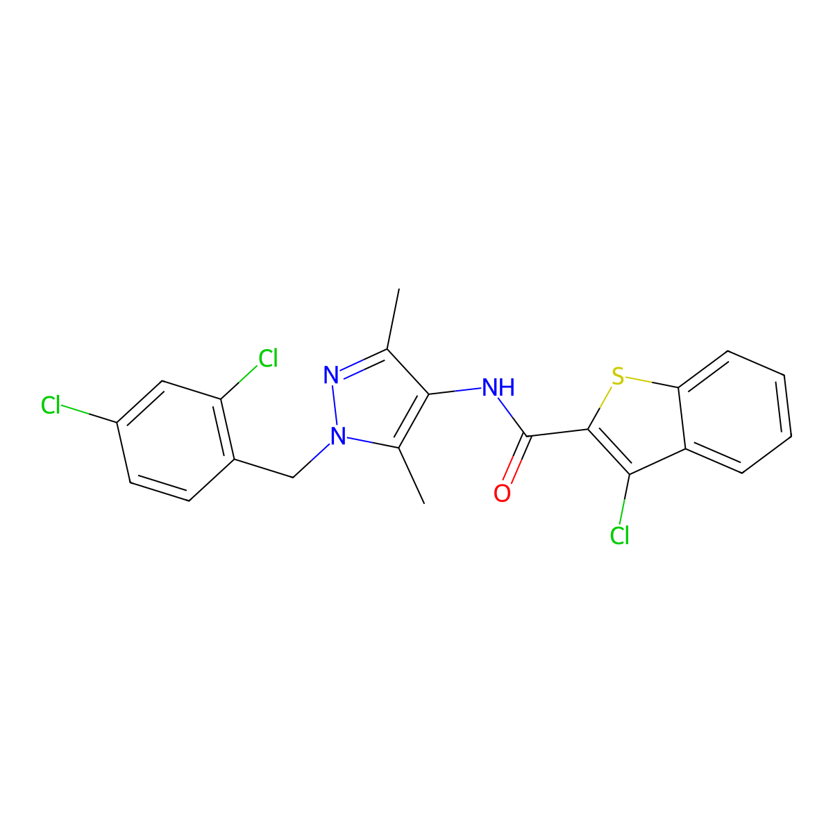 3-chloro-N-[1-(2,4-dichlorobenzyl)-3,5-dimethyl-1H-pyrazol-4-yl]-1-benzothiophene-2-carboxamide molecular structure, CAS 496011-05-3