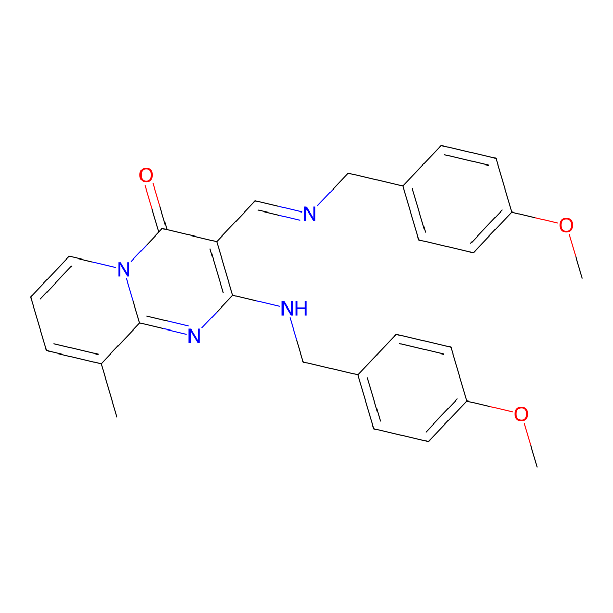 2-[(4-methoxybenzyl)amino]-3-{(E)-[(4-methoxybenzyl)imino]methyl}-9-methyl-4H-pyrido[1,2-a]pyrimidin-4-one molecular structure, CAS 496011-99-5