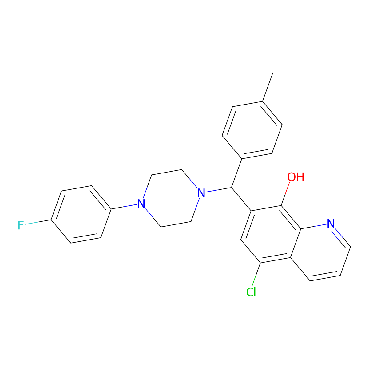 5-Chloro-7-{[4-(4-fluorophenyl)piperazin-1-yl](4-methylphenyl)methyl}quinolin-8-ol molecular structure, CAS 496013-28-6