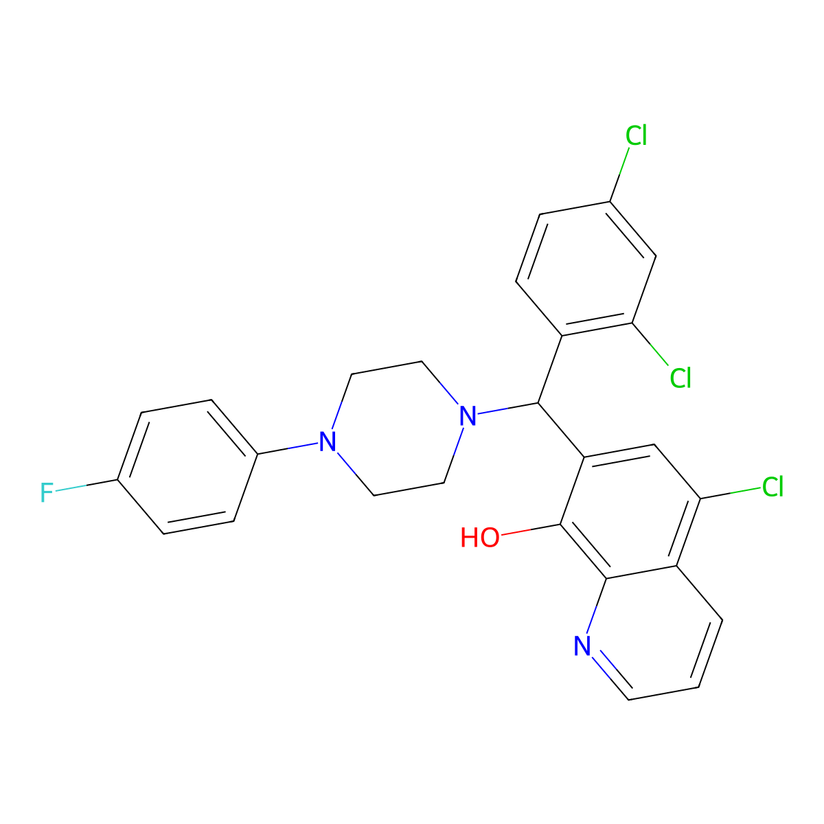 5-Chloro-7-((2,4-dichlorophenyl)(4-(4-fluorophenyl)piperazin-1-yl)methyl)quinolin-8-ol molecular structure, CAS 496013-30-0