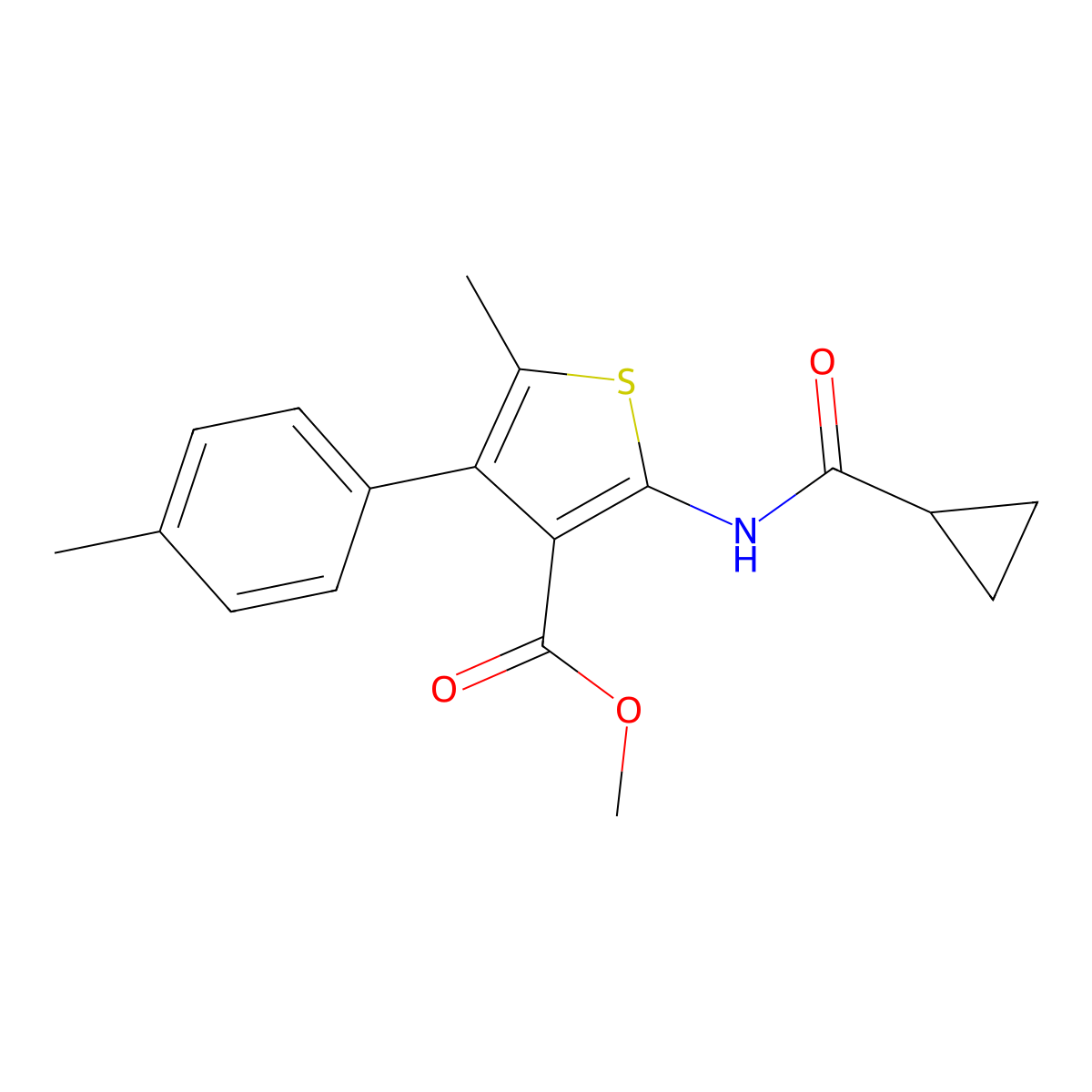 Methyl 2-(cyclopropanecarbonylamino)-5-methyl-4-(4-methylphenyl)thiophene-3-carboxylate molecular structure, CAS 496016-20-7
