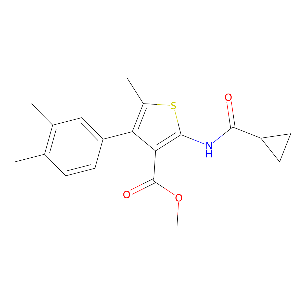 Methyl 2-(cyclopropanecarbonylamino)-4-(3,4-dimethylphenyl)-5-methylthiophene-3-carboxylate molecular structure, CAS 496016-58-1