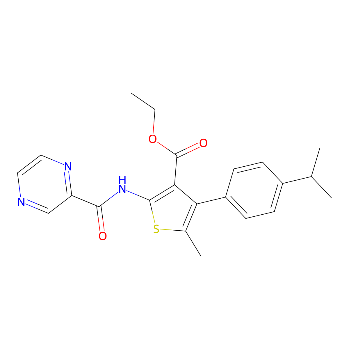 Ethyl 4-(4-isopropylphenyl)-5-methyl-2-[(2-pyrazinylcarbonyl)amino]-3-thiophenecarboxylate molecular structure, CAS 496016-59-2