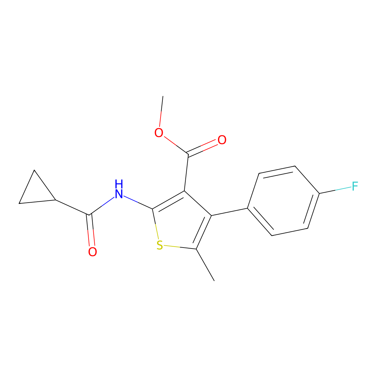 Methyl 2-(cyclopropanecarbonylamino)-4-(4-fluorophenyl)-5-methylthiophene-3-carboxylate molecular structure, CAS 496016-75-2