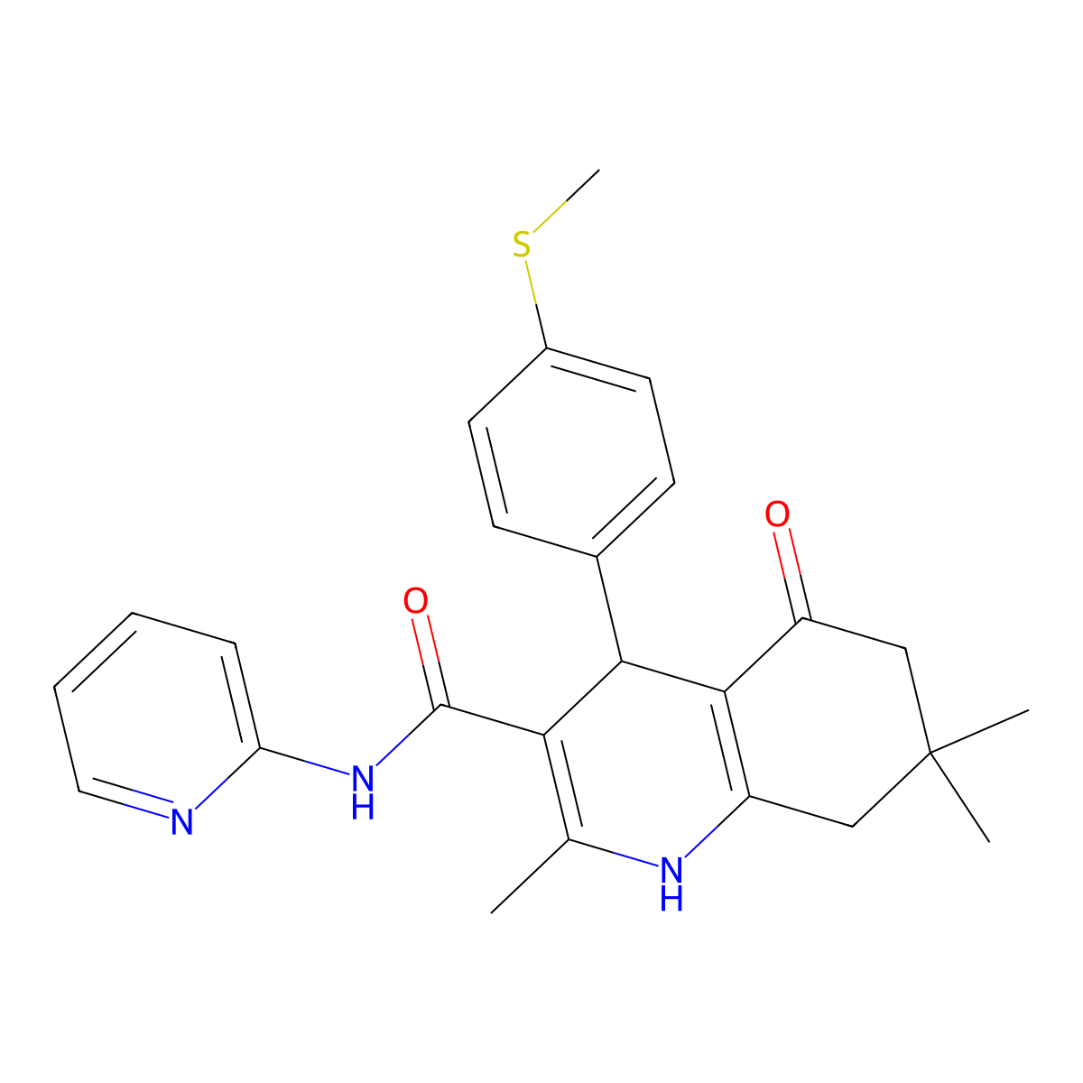 2,7,7-trimethyl-4-(4-methylsulfanylphenyl)-5-oxo-N-pyridin-2-yl-1,4,6,8-tetrahydroquinoline-3-carboxamide molecular structure, CAS 496017-38-0
