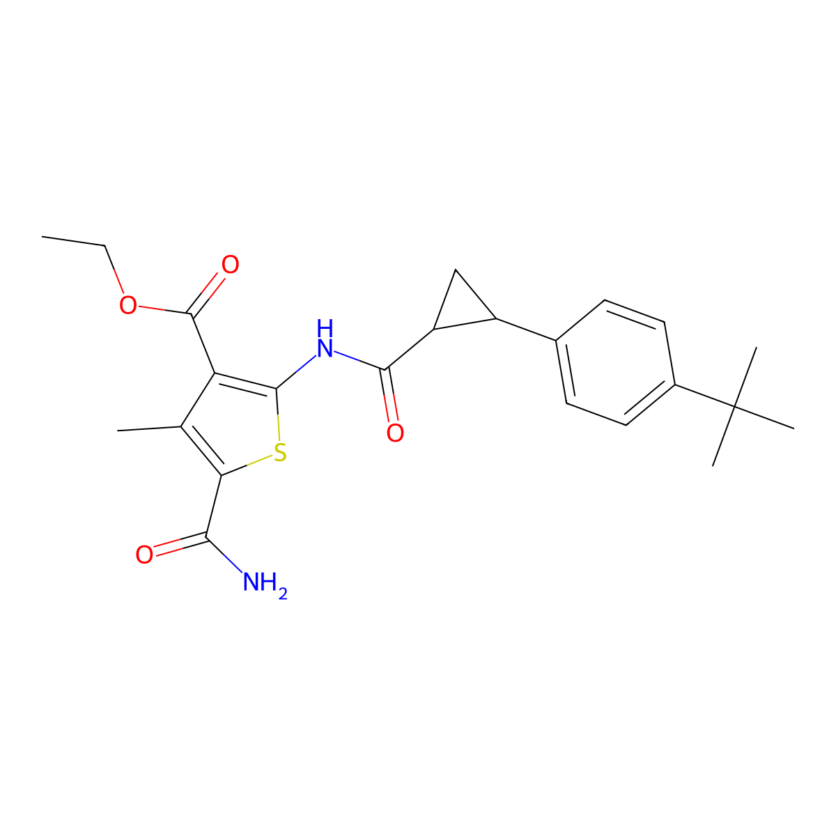 Ethyl 2-[[2-(4-tert-butylphenyl)cyclopropanecarbonyl]amino]-5-carbamoyl-4-methylthiophene-3-carboxylate molecular structure, CAS 496017-60-8