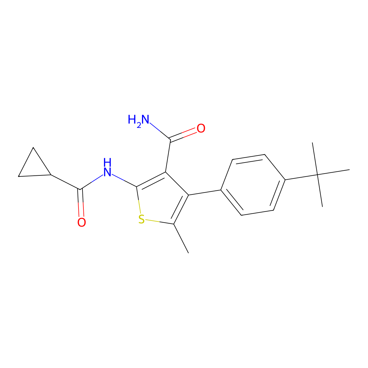4-(4-Tert-butylphenyl)-2-(cyclopropanecarbonylamino)-5-methylthiophene-3-carboxamide molecular structure, CAS 496017-93-7