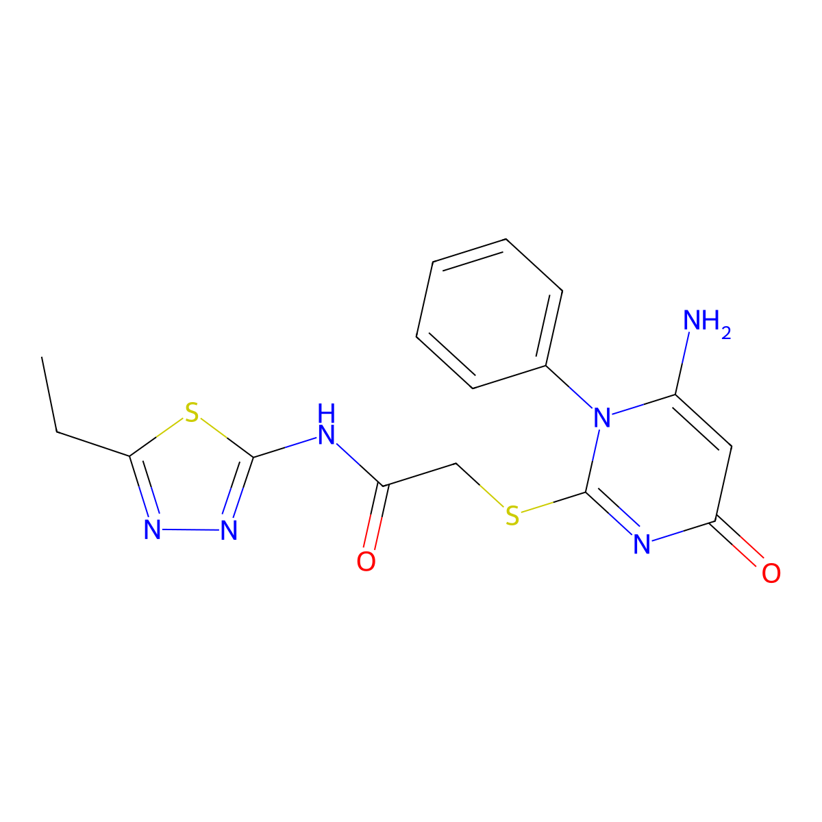 2-(6-amino-4-oxo-1-phenylpyrimidin-2-yl)sulfanyl-N-(5-ethyl-1,3,4-thiadiazol-2-yl)acetamide molecular structure, CAS 496018-02-1