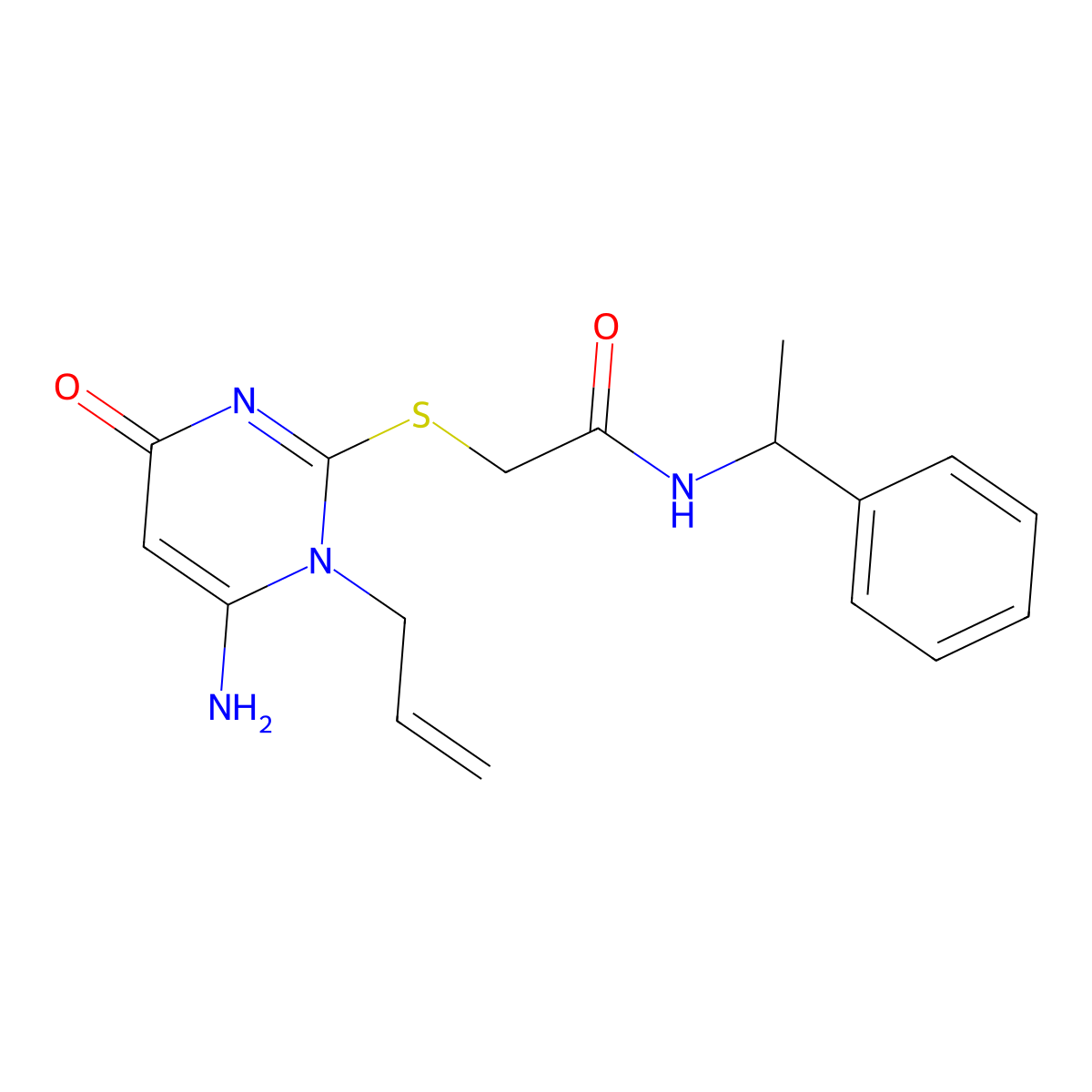 2-(6-amino-4-oxo-1-prop-2-enylpyrimidin-2-yl)sulfanyl-N-(1-phenylethyl)acetamide molecular structure, CAS 496018-08-7