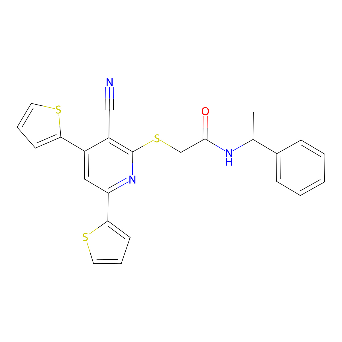 2-(3-cyano-4,6-dithiophen-2-ylpyridin-2-yl)sulfanyl-N-(1-phenylethyl)acetamide molecular structure, CAS 496018-58-7
