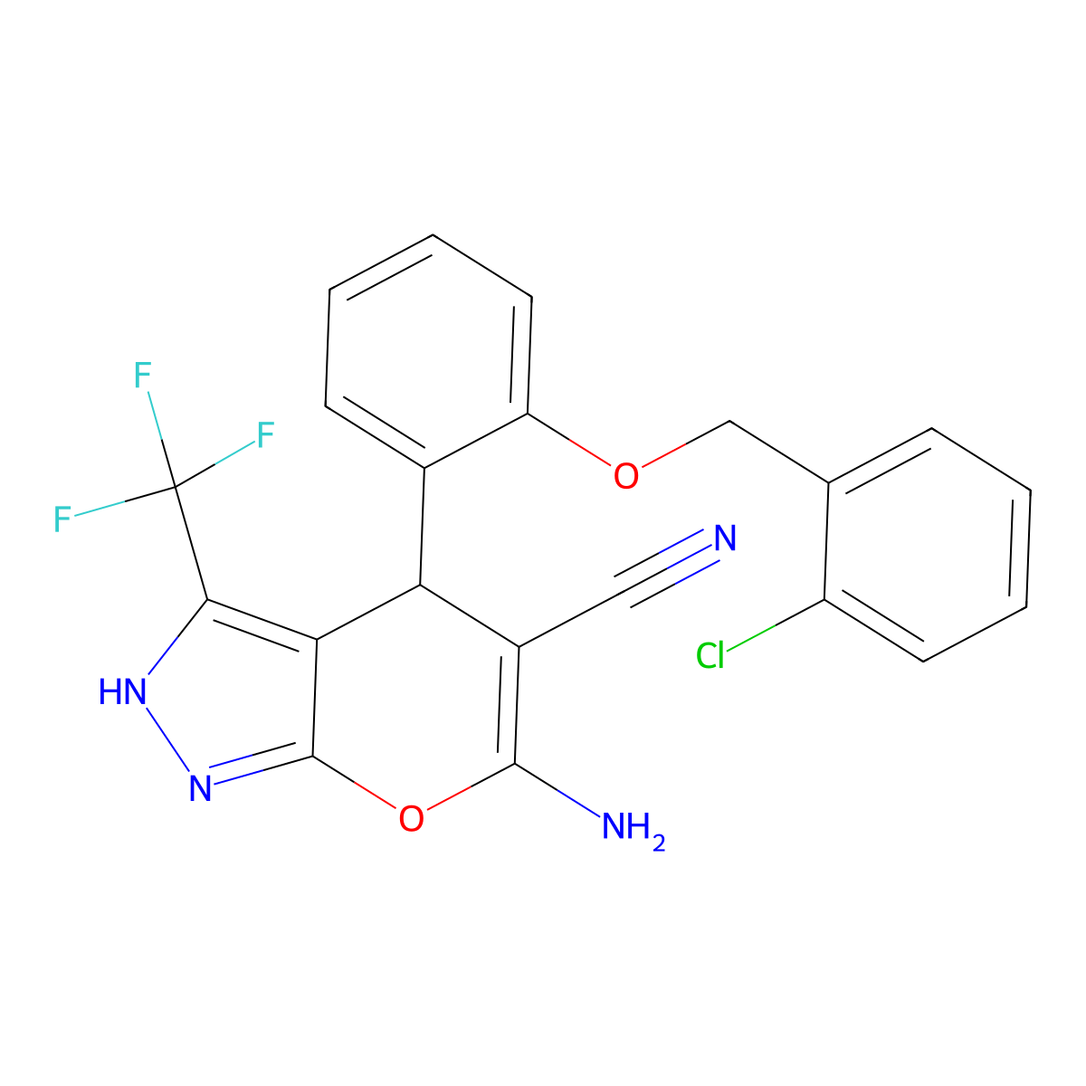6-Amino-4-[2-[(2-chlorophenyl)methoxy]phenyl]-3-(trifluoromethyl)-2,4-dihydropyrano[2,3-c]pyrazole-5-carbonitrile molecular structure, CAS 496018-59-8