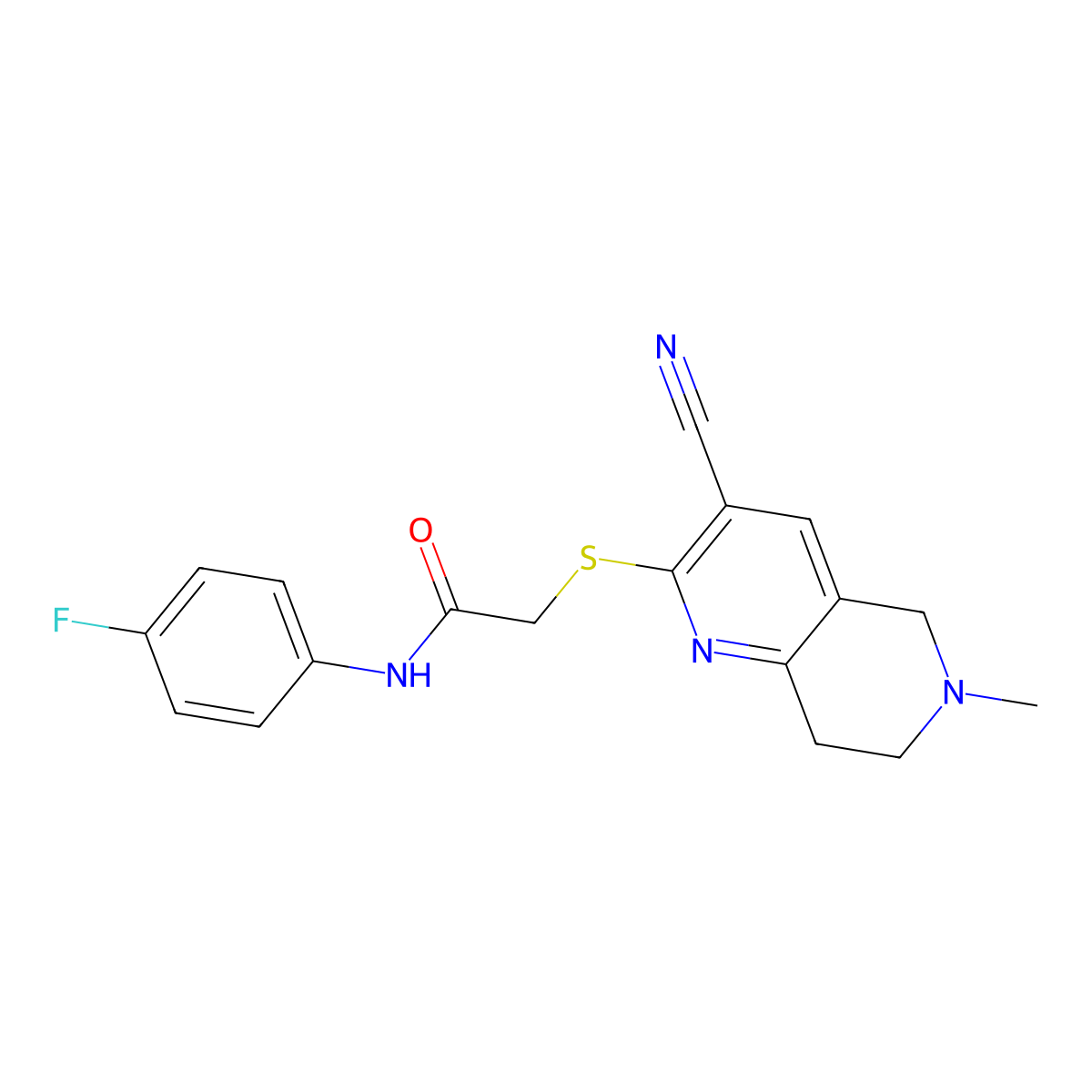 2-[(3-cyano-6-methyl-7,8-dihydro-5H-1,6-naphthyridin-2-yl)sulfanyl]-N-(4-fluorophenyl)acetamide molecular structure, CAS 496018-60-1